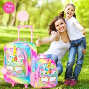 FTJCF 2PCS Kids Suitcase Set for Girls, 18" Cute Rainbow Sequin Unicorn Carry on Luggage with Wheels, Children Travel Rolling with 12" Toddler Backpack