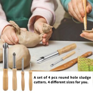 4 Pack Stainless Steel Circular Clay Hole Cutters, Wooden Handle Clay Tools for Drilling and Sculpture, Pottery Tools and Supplies