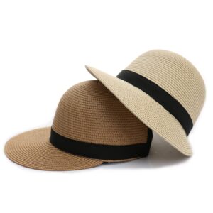 Summer Visor Hats for Women Foldable Floppy Solid Color Straw Sun Hat Travel Beach Baseball Cap (Beige)