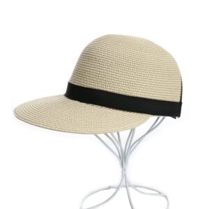 Summer Visor Hats for Women Foldable Floppy Solid Color Straw Sun Hat Travel Beach Baseball Cap (Beige)