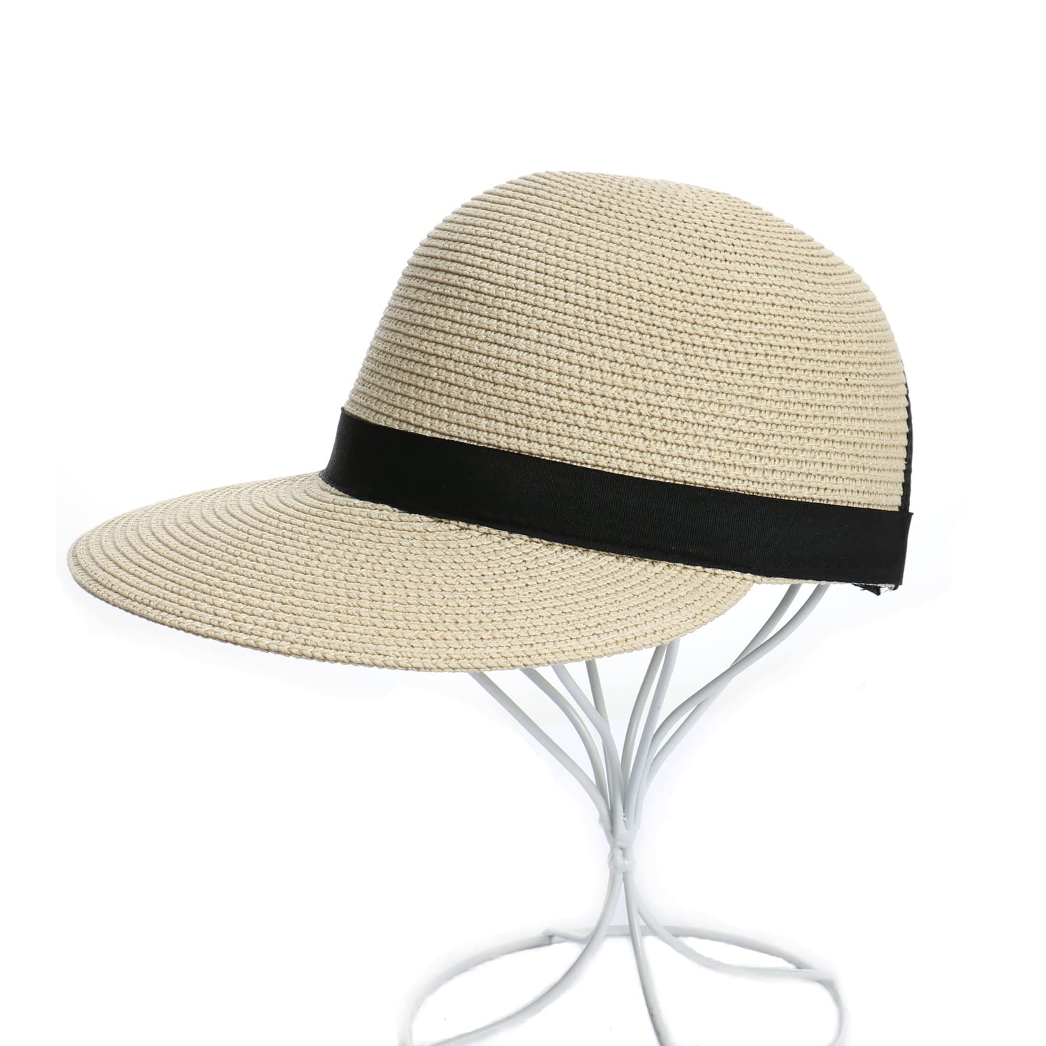 Summer Visor Hats for Women Foldable Floppy Solid Color Straw Sun Hat Travel Beach Baseball Cap (Beige)