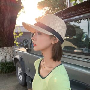 Summer Visor Hats for Women Foldable Floppy Solid Color Straw Sun Hat Travel Beach Baseball Cap (Beige)