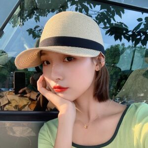 Summer Visor Hats for Women Foldable Floppy Solid Color Straw Sun Hat Travel Beach Baseball Cap (Beige)