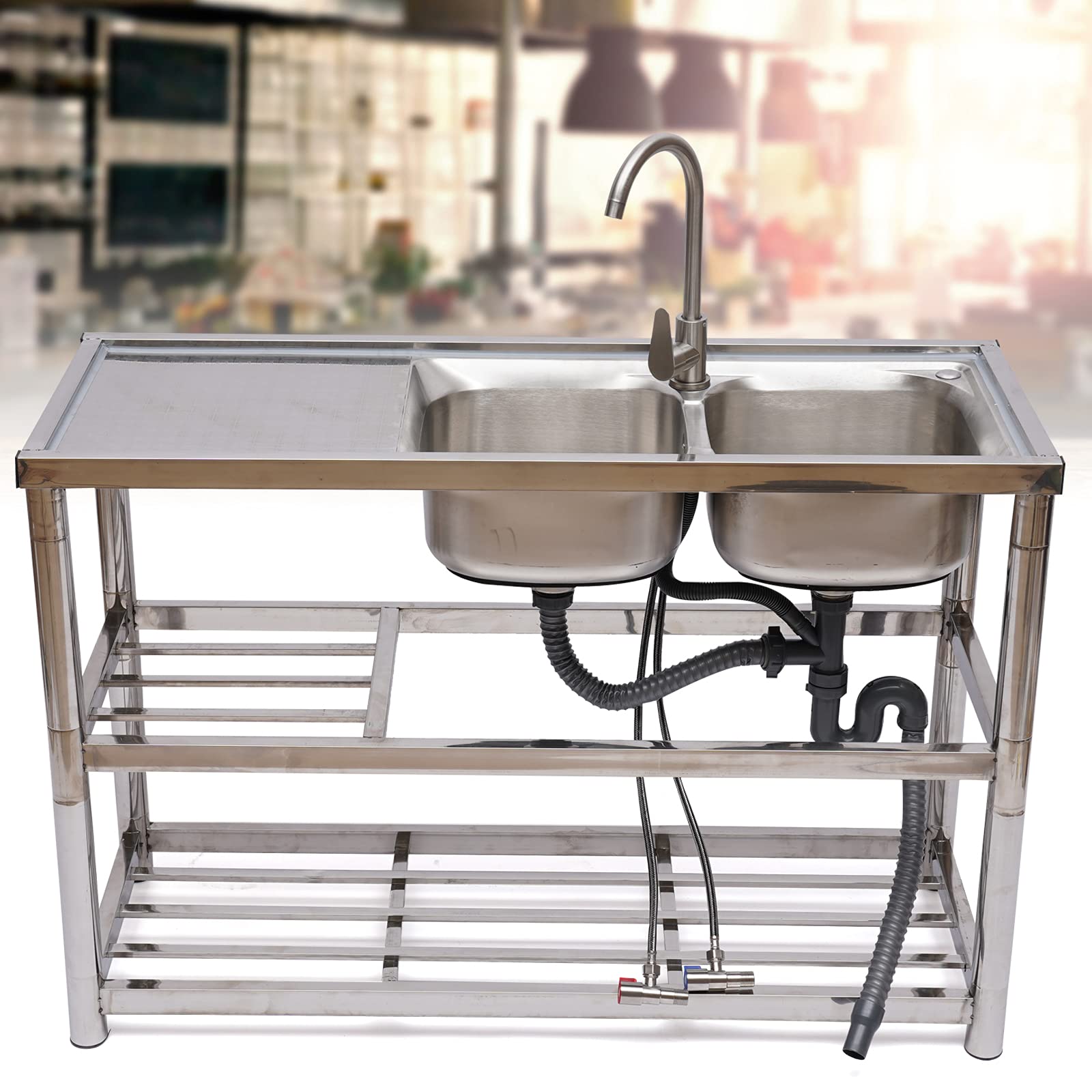 Commercial Kitchen Sink Outdoor Sink Restaurant Sink 304 Stainless Steel Utility Sink with Faucet & Drainboard, Free Standing Sink Stainless Steel Sink with Prep Table Double Bowl Drainer Unit & Tap