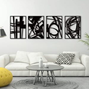 glamativity 4 pack black abstract metal wall art, minimalist décor single line art décor, 3d textured sculptures, for living room bedroom bathroom study (black, m size 16 x 11'')