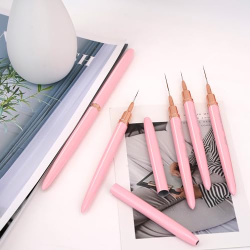 Komall Nail Art Liner Brushes, 5Pcs Painting Nail Art Brush Set Nail Dotting Drawing Tool for Long Lines, Thin Details, Fine Drawing Sizes 4/8/12/20/25mm(Pink)