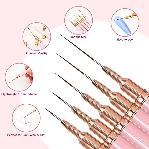 Komall Nail Art Liner Brushes, 5Pcs Painting Nail Art Brush Set Nail Dotting Drawing Tool for Long Lines, Thin Details, Fine Drawing Sizes 4/8/12/20/25mm(Pink)