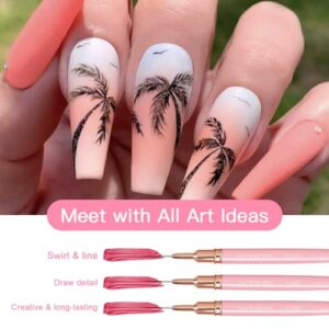 Komall Nail Art Liner Brushes, 5Pcs Painting Nail Art Brush Set Nail Dotting Drawing Tool for Long Lines, Thin Details, Fine Drawing Sizes 4/8/12/20/25mm(Pink)