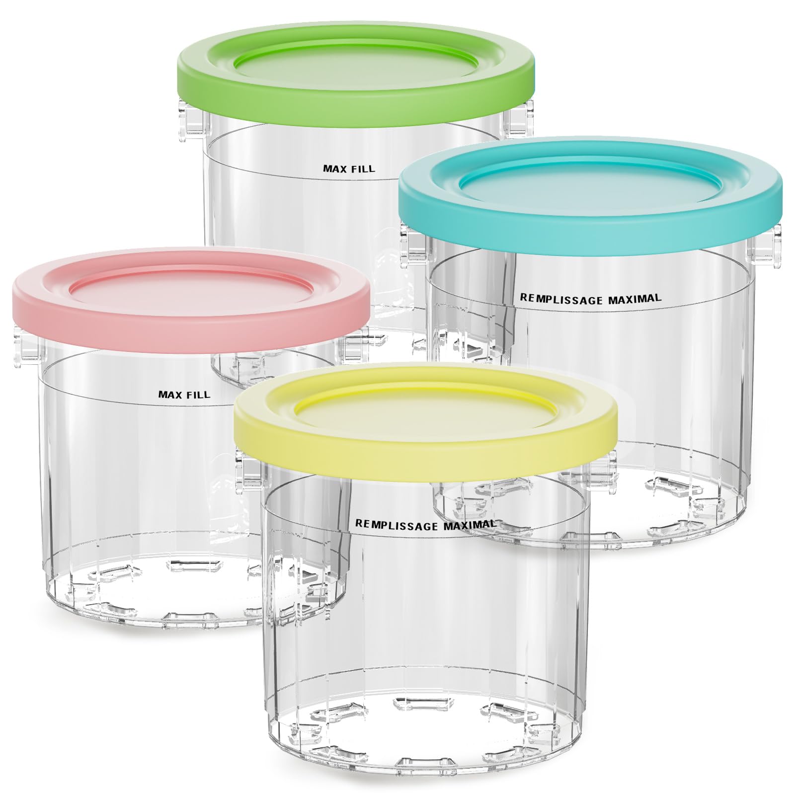 Containers Replacement for Ninja Creami Pints and Lids - 4 Pack, 16 oz cups Compatible with Ninja NC301 NC300 NC299AMZ Series Ice Cream Maker, Color Lids, BPA-Free (Blue&Pink&Green&Yellow)