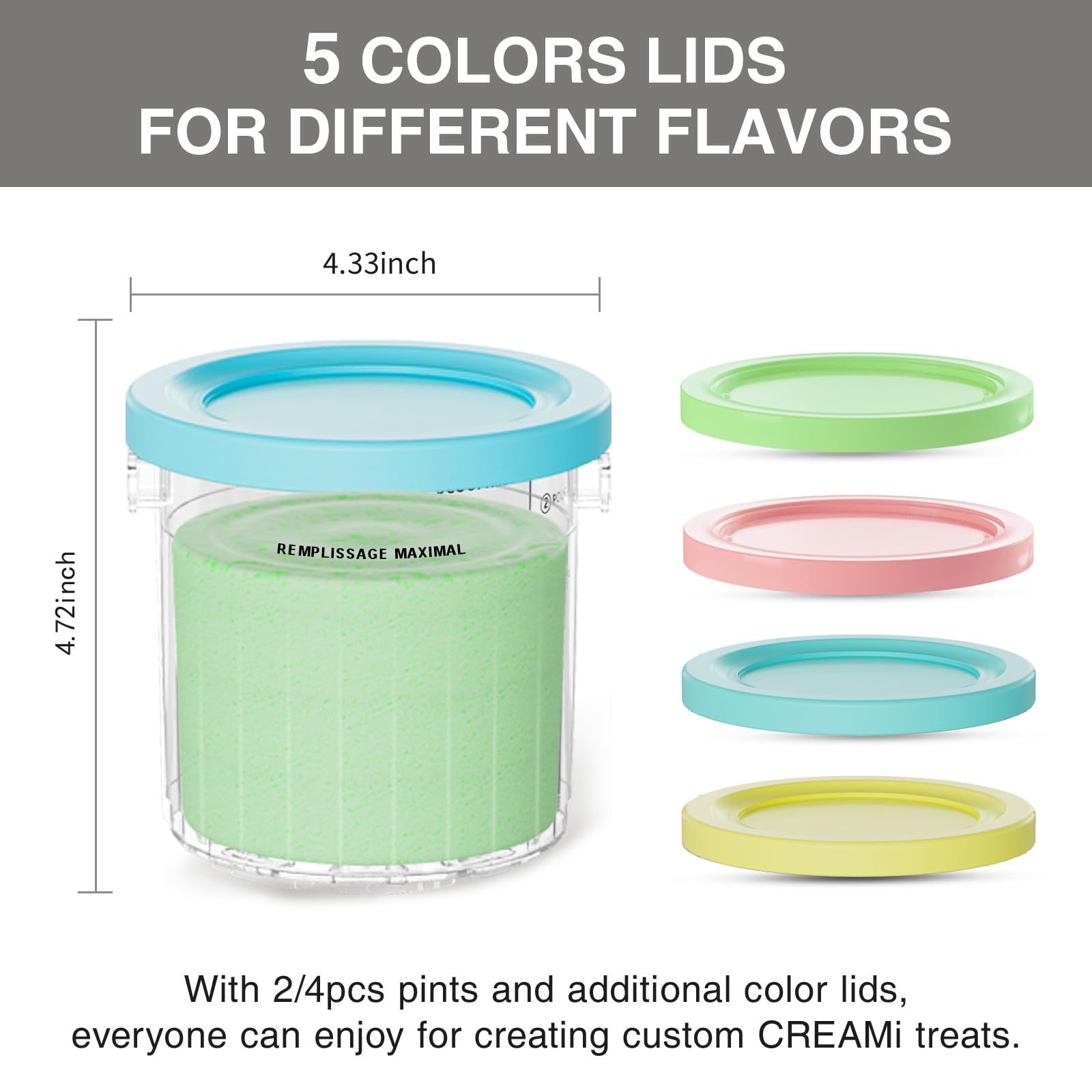 Containers Replacement for Ninja Creami Pints and Lids - 4 Pack, 16 oz cups Compatible with Ninja NC301 NC300 NC299AMZ Series Ice Cream Maker, Color Lids, BPA-Free (Blue&Pink&Green&Yellow)