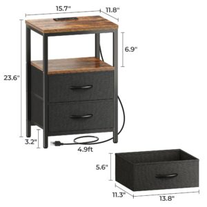 Huuger Nightstands Set of 2, End Tables with Charging Station, Side Tables with Fabric Drawers, Bedside Tables with USB Ports and Outlets, Night Stands for Bedroom, Rustic Brown and Black