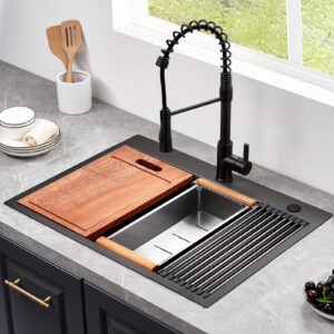 25x22 Inch Black Stainless Steel Drop in Kitchen Sink, CELAENO Heavy Duty Handcrafted 16 Gauge 10 Inch Deep Kitchen Sink Workstation, R10 Radius Topmount Single Bowl Kitchen sink with Build in Ledge