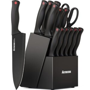 astercook 15 piece knife set with sharpener block - german stainless steel, dishwasher safe kitchen knives with built-in sharpener, black