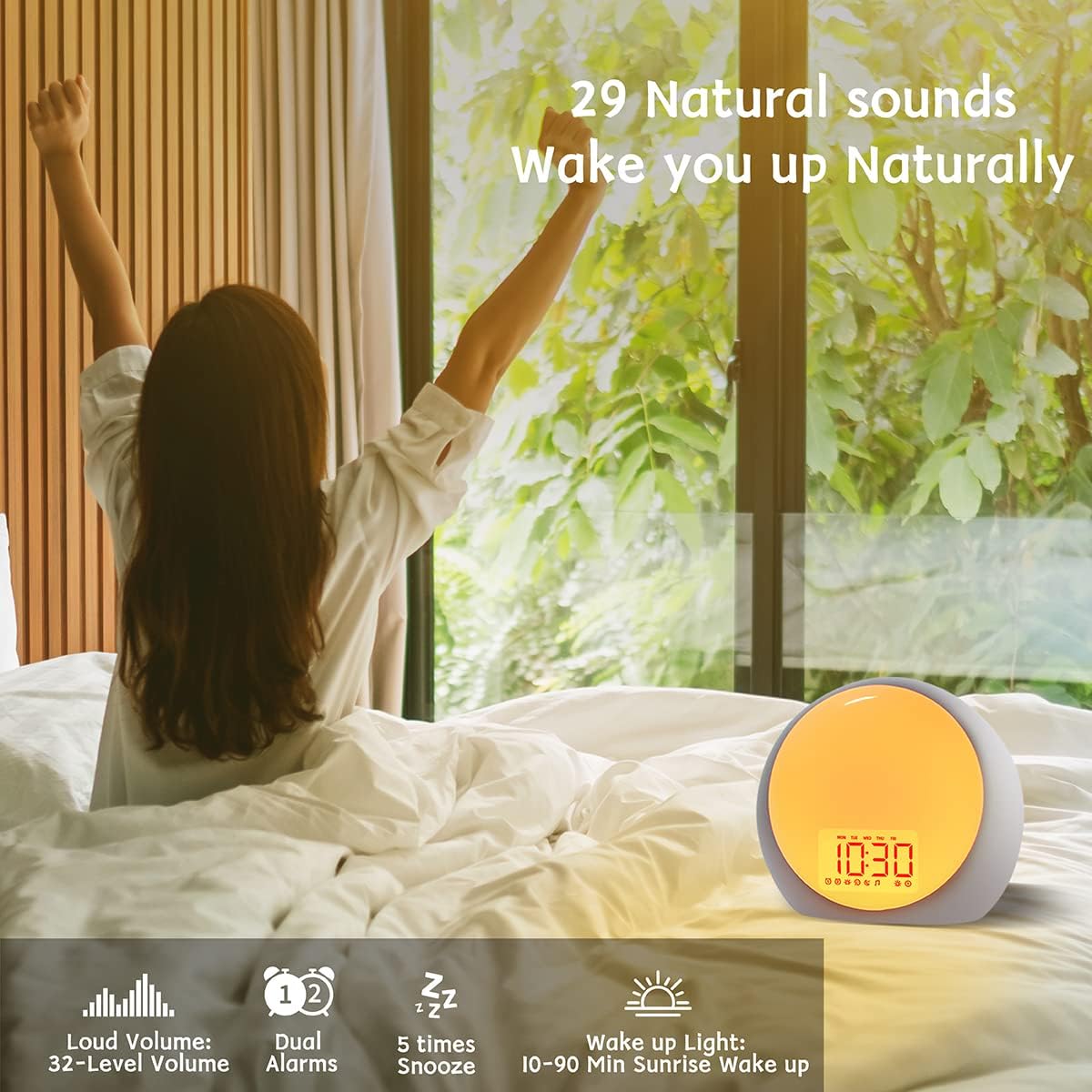 Sunrise Alarm Clock Wake Up Light Brown Noise Machine 29 Alarm Tones with Sunrise Sunset Simulation for Heavy Sleepers Kids Bedroom Dual Alarms Snooze Sound White Noise Machine with 25 Sleeping Sounds