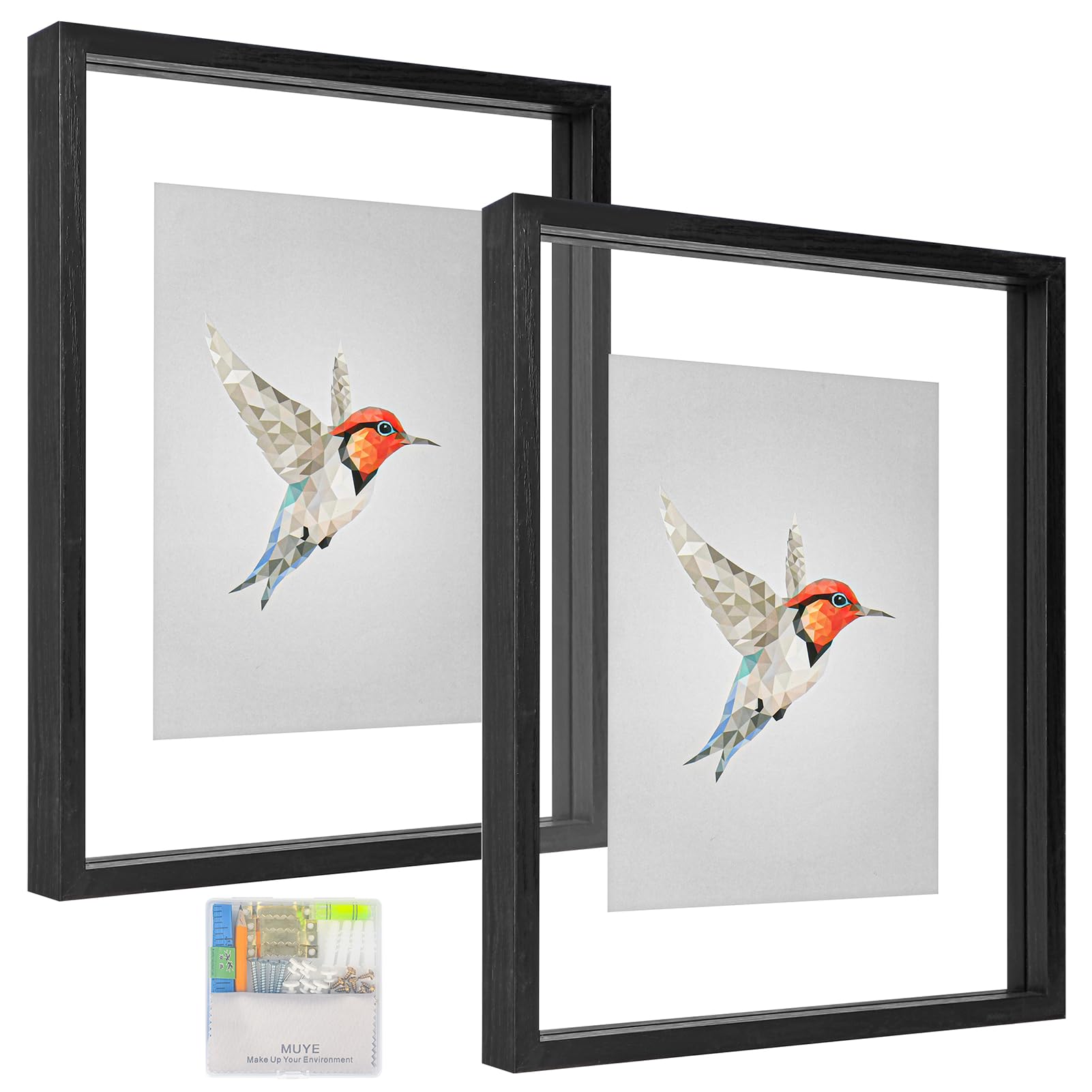 MUYE 11x14 Floating Frames Set of 2,Double Glass Picture Frame Display Any Size Photo up to 11x14,Wall Mount or Tabletop Standing,Black