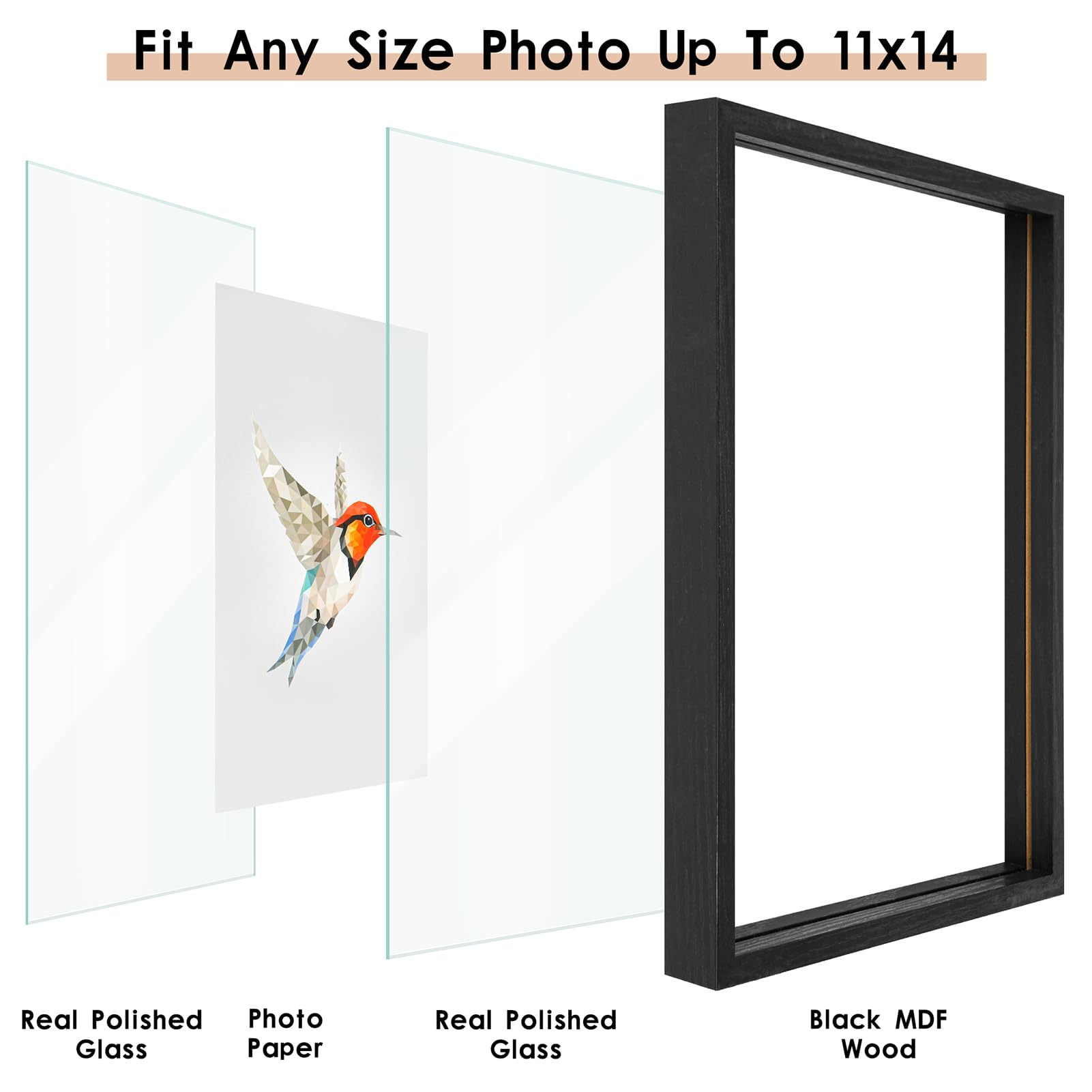 MUYE 11x14 Floating Frames Set of 2,Double Glass Picture Frame Display Any Size Photo up to 11x14,Wall Mount or Tabletop Standing,Black