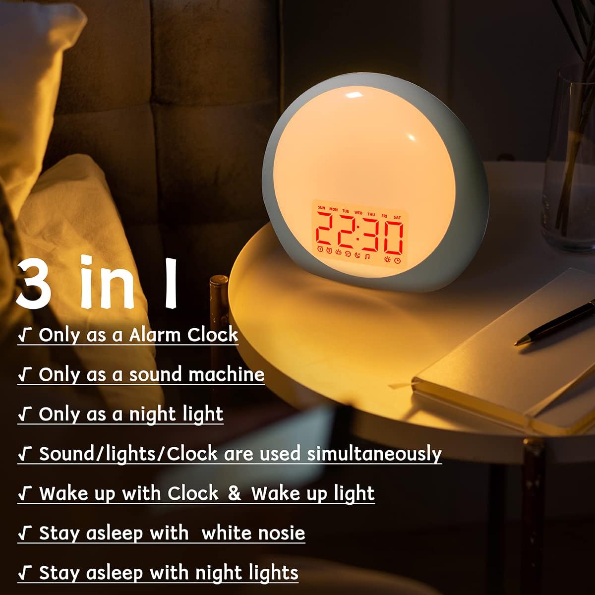 Sunrise Alarm Clock Wake Up Light Brown Noise Machine 29 Alarm Tones with Sunrise Sunset Simulation for Heavy Sleepers Kids Bedroom Dual Alarms Snooze Sound White Noise Machine with 25 Sleeping Sounds