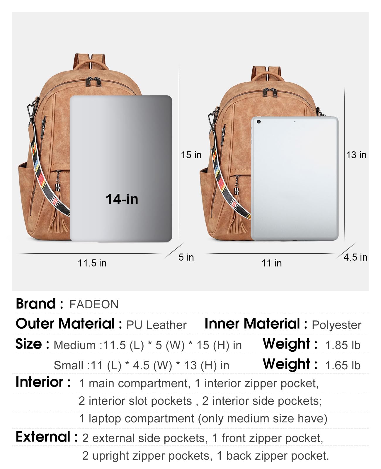 FADEON Leather Laptop Backpack Purse for Women Small Designer Laptop Bag,Multi-Pockets Travel Ladies Shoulder Bag Brown