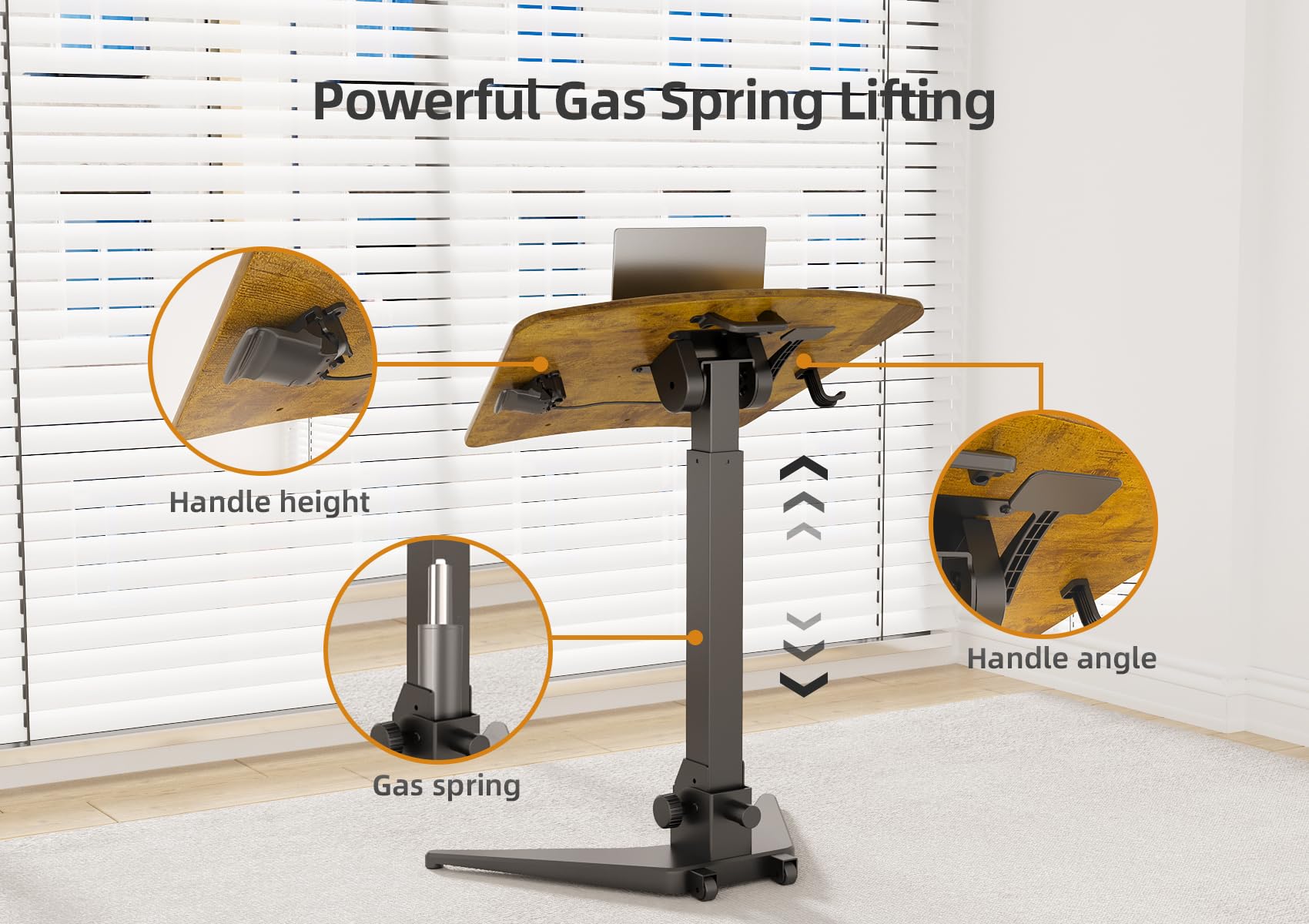 Claiks Mobile Standing Desk, Small Rolling Standing Desk, Pneumatic Height Adjustable Sit-Stand Desk with 90° Tiltable, Portable Mobile Workstation, with Non-Slip Computer Stand, Rustic Brown