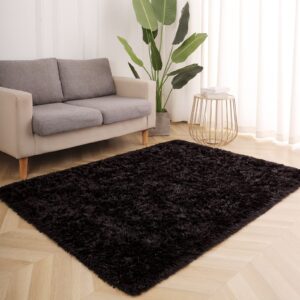 ohwpeat soft shag black 3x5 rugs for bedroom, carpets for bedroom, bedroom rug, fluffy area rug for living room college dorm, plush shaggy bedside rug for kids room nursery, anti-skid fuzzy rug