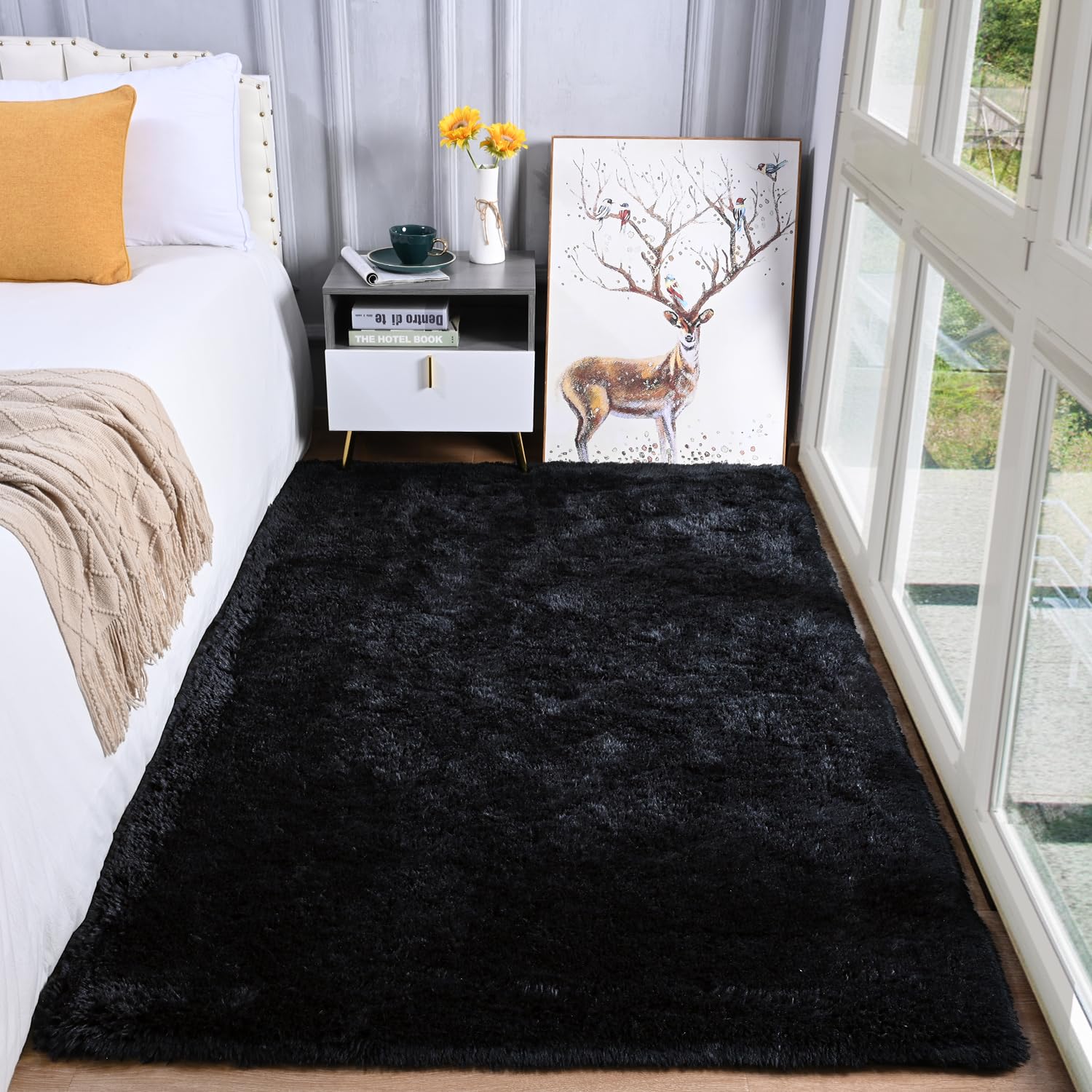 OHWPEAT Soft Shag Black 3x5 Rugs for Bedroom, Carpets for Bedroom, Bedroom Rug, Fluffy Area Rug for Living Room College Dorm, Plush Shaggy Bedside Rug for Kids Room Nursery, Anti-Skid Fuzzy Rug