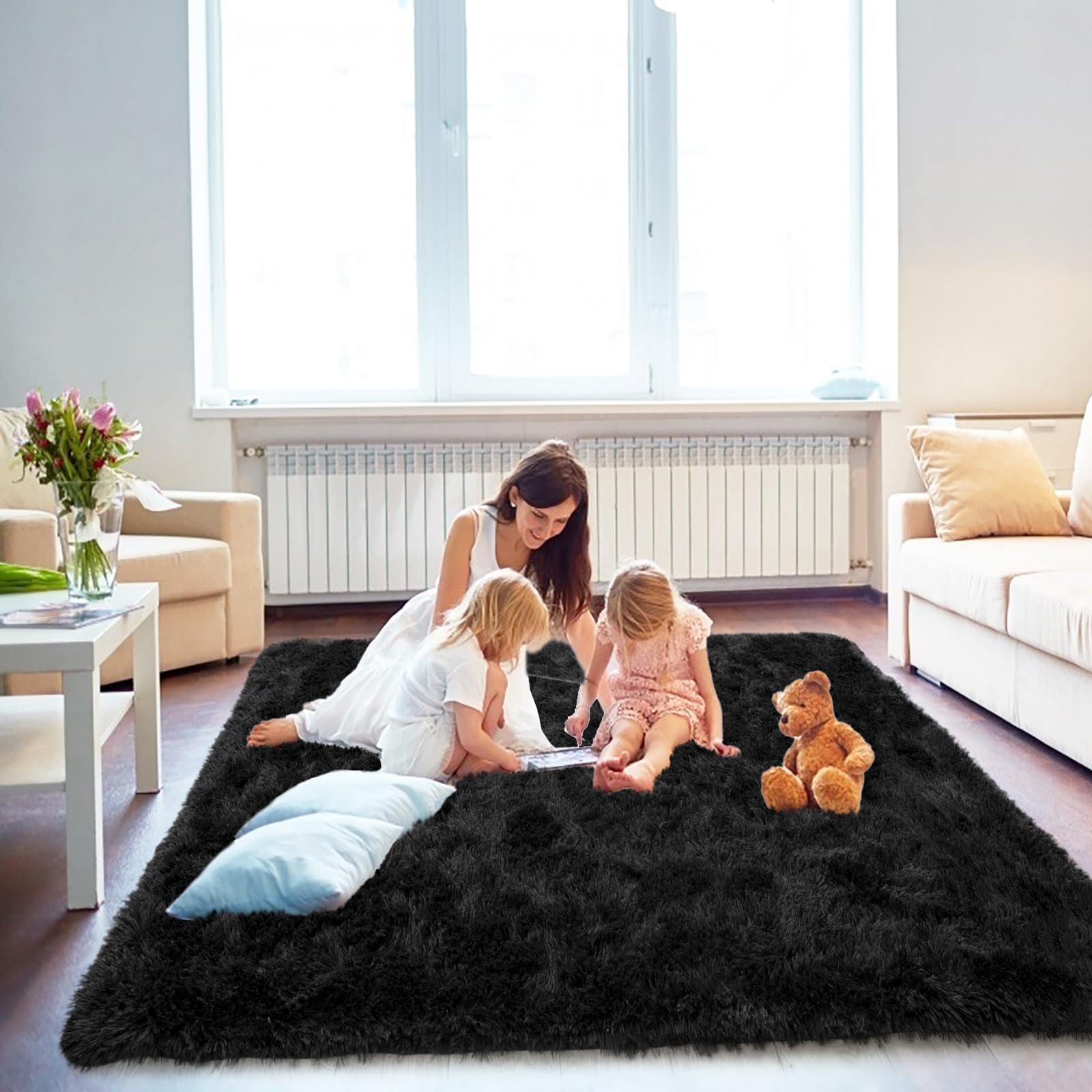 OHWPEAT Soft Shag Black 3x5 Rugs for Bedroom, Carpets for Bedroom, Bedroom Rug, Fluffy Area Rug for Living Room College Dorm, Plush Shaggy Bedside Rug for Kids Room Nursery, Anti-Skid Fuzzy Rug