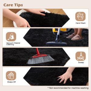 OHWPEAT Soft Shag Black 3x5 Rugs for Bedroom, Carpets for Bedroom, Bedroom Rug, Fluffy Area Rug for Living Room College Dorm, Plush Shaggy Bedside Rug for Kids Room Nursery, Anti-Skid Fuzzy Rug