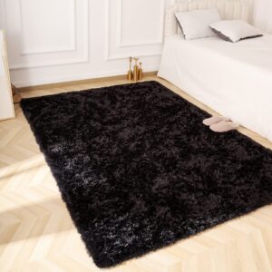 OHWPEAT Soft Shag Black 3x5 Rugs for Bedroom, Carpets for Bedroom, Bedroom Rug, Fluffy Area Rug for Living Room College Dorm, Plush Shaggy Bedside Rug for Kids Room Nursery, Anti-Skid Fuzzy Rug