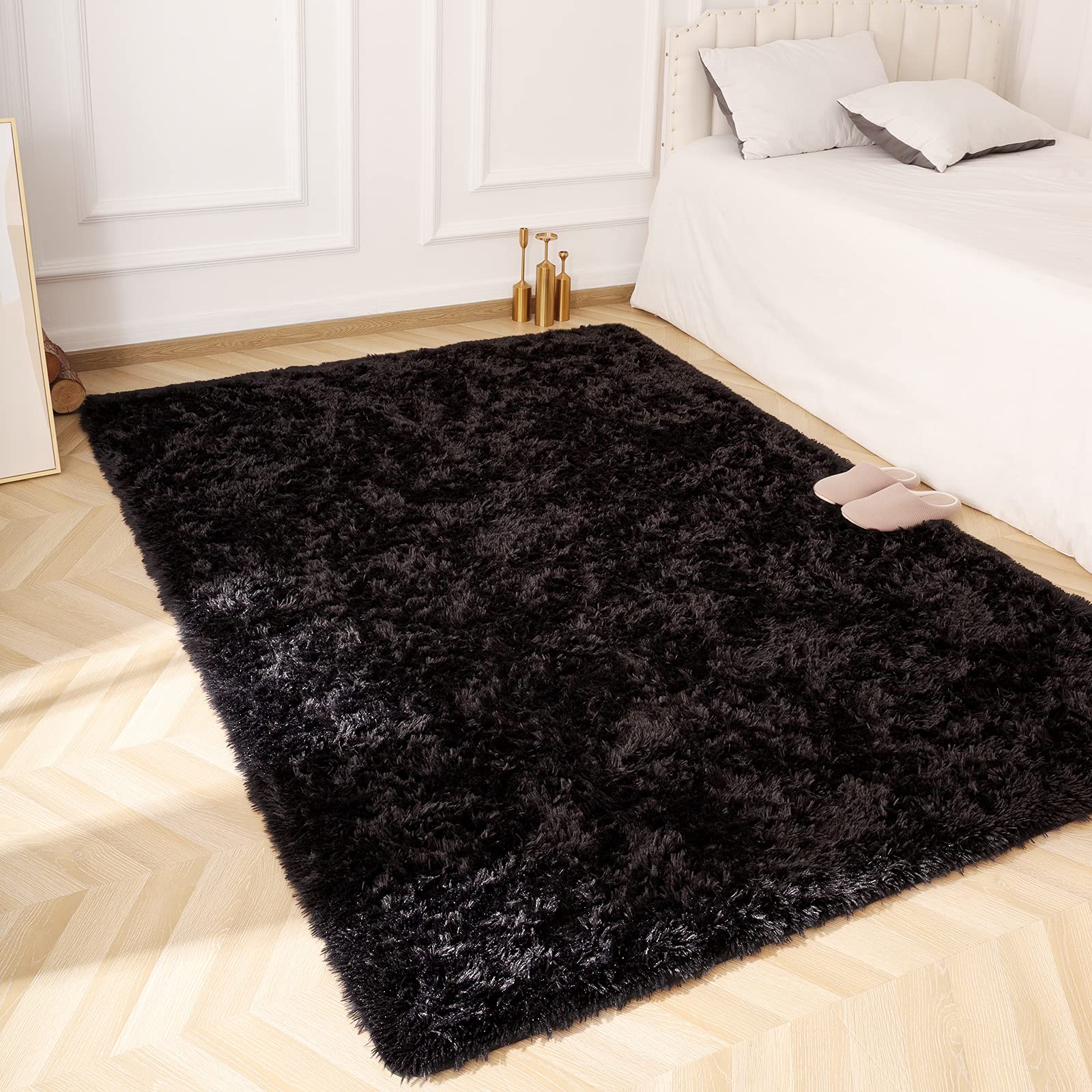 OHWPEAT Soft Shag Black 3x5 Rugs for Bedroom, Carpets for Bedroom, Bedroom Rug, Fluffy Area Rug for Living Room College Dorm, Plush Shaggy Bedside Rug for Kids Room Nursery, Anti-Skid Fuzzy Rug