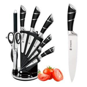 knife set, 9-piece black professional kitchen knife set for chef, super sharp knife set with acrylic stand, stainless steel knife block set for kitchen with sharpener and scissors, ergonomical design