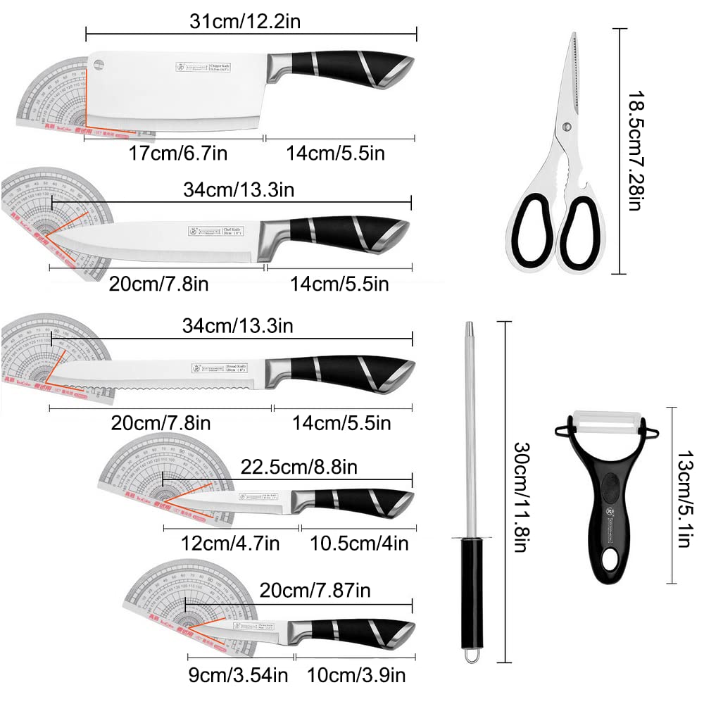 Knife Set, 9-Piece Black Professional Kitchen Knife Set for Chef, Super Sharp Knife Set with Acrylic Stand, Stainless Steel Knife Block Set for Kitchen with Sharpener and Scissors, Ergonomical Design