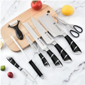 Knife Set, 9-Piece Black Professional Kitchen Knife Set for Chef, Super Sharp Knife Set with Acrylic Stand, Stainless Steel Knife Block Set for Kitchen with Sharpener and Scissors, Ergonomical Design