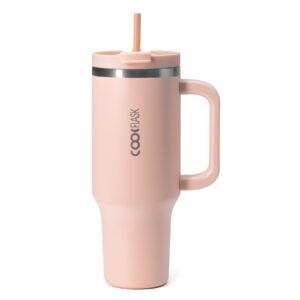 coolflask 40 oz pink tumbler with handle, insulated water tumbler with lid and straw, coffee tumbler travel mug stainless steel vacuum for cup holder, keep cold for 24 hrs/hot for 12 hrs