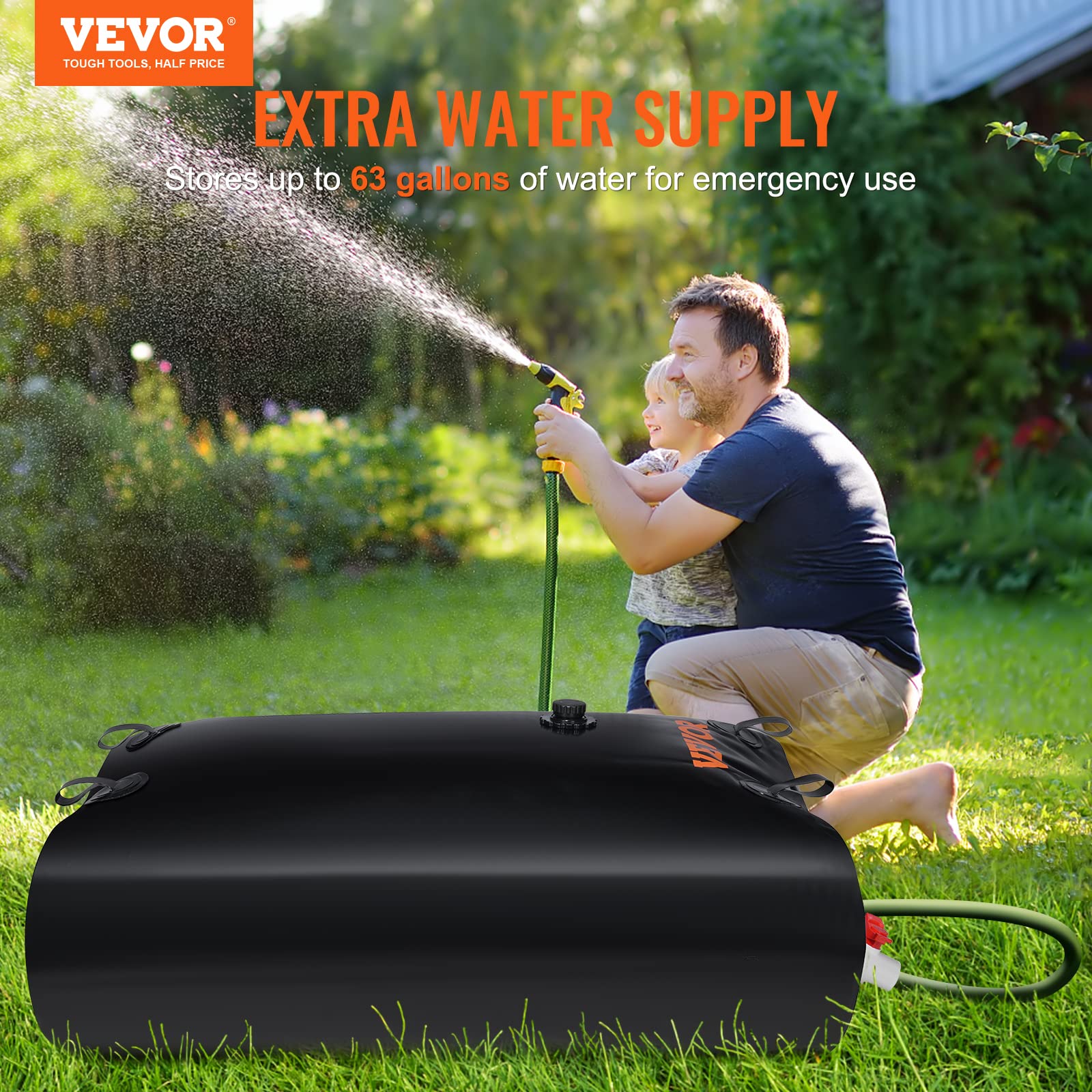 VEVOR Portable Water Storage Bladder,63 Gallon Large Capacity Water Storage Containers,1000D PVC Water Bladder Including Spigots and Overflow Kit, Water Tank for Garden Water Catcher, Black