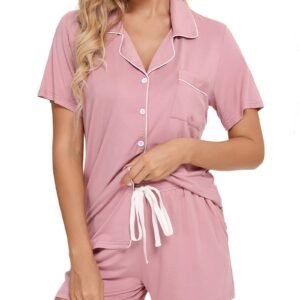 FERDAT Pj Sets Women's Pajamas Button Up Sleepwear 2 Piece Soft Lounge Shorts Pink M