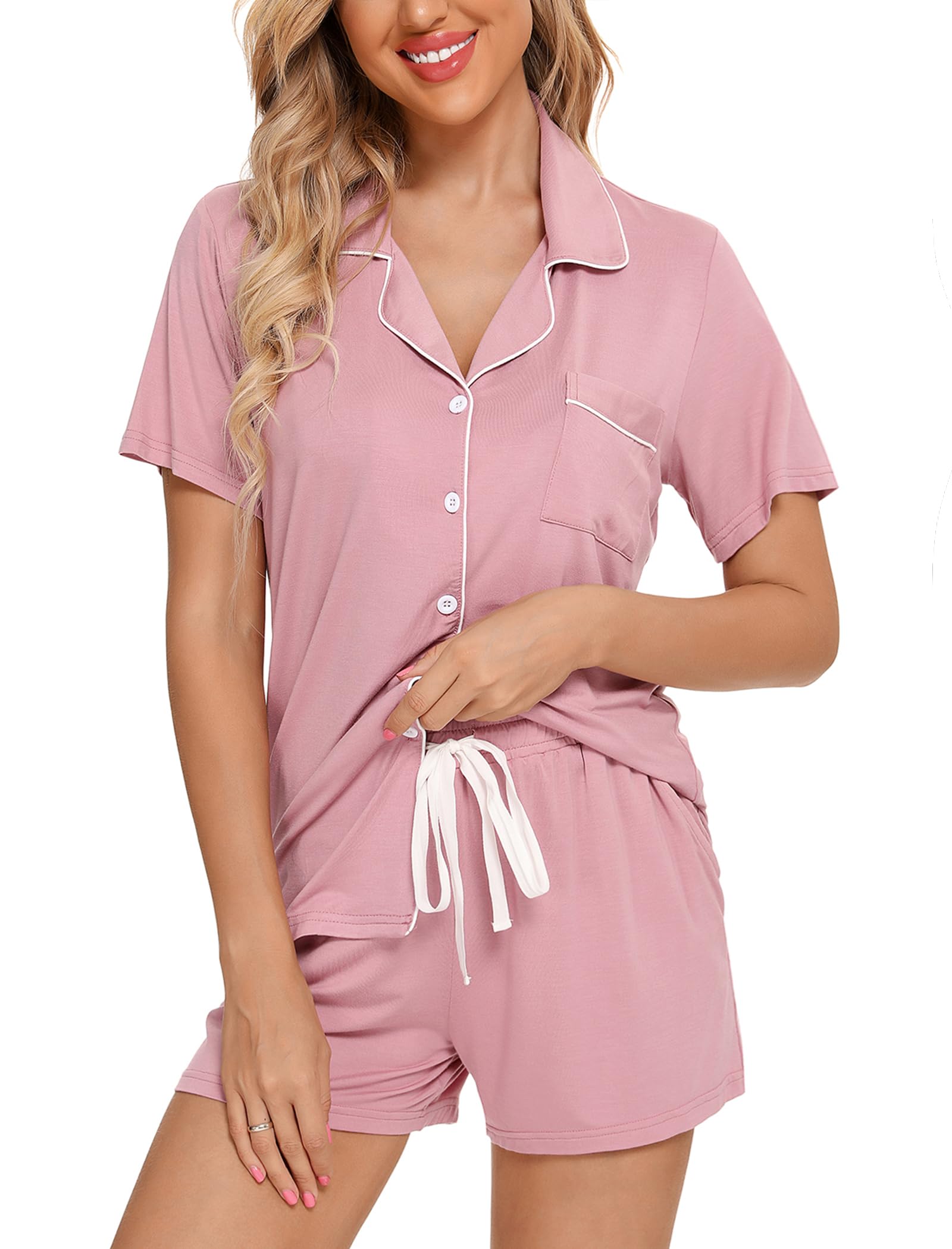 FERDAT Pj Sets Women's Pajamas Button Up Sleepwear 2 Piece Soft Lounge Shorts Pink M