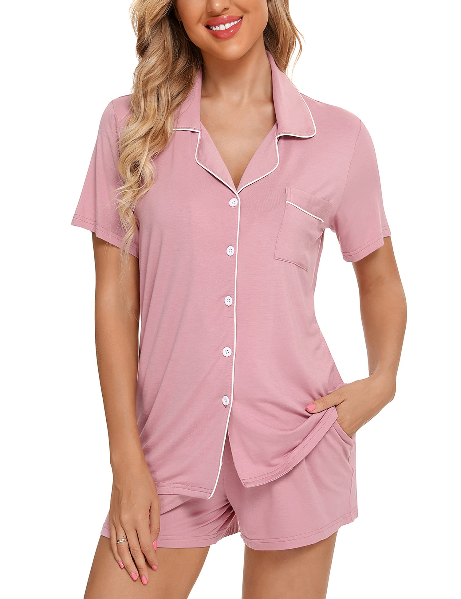 FERDAT Pj Sets Women's Pajamas Button Up Sleepwear 2 Piece Soft Lounge Shorts Pink M