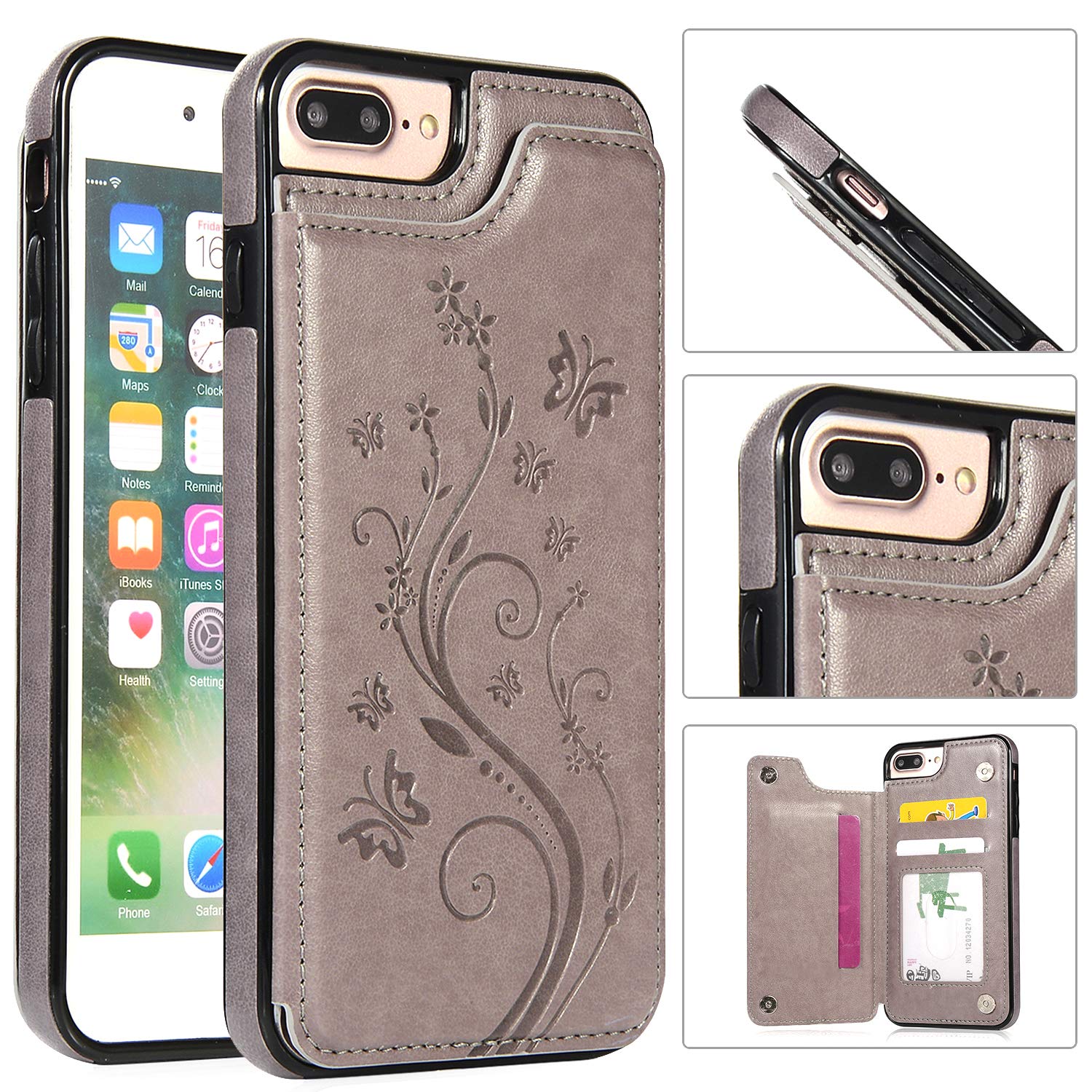 Phone Case for iPhone 7plus 8plus 7/8 Plus with Tempered Glass Screen Protector and Card Holder Wallet Cover Flip Leather Cell Accessories i Phone7s 7s + 7+ 8s 8+ Phones8 Cases Women Men Gray