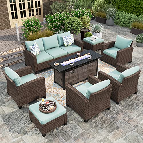 HERA'S HOUSE Patio Furniture Sets, Outdoor Wicker Furniture Set with 56" Fire Pit Table, 8 Pieces Sectional Conversation Sofa Set with Ottomans for Garden Poolside Backyard, Brown Rattan Blue Cushions