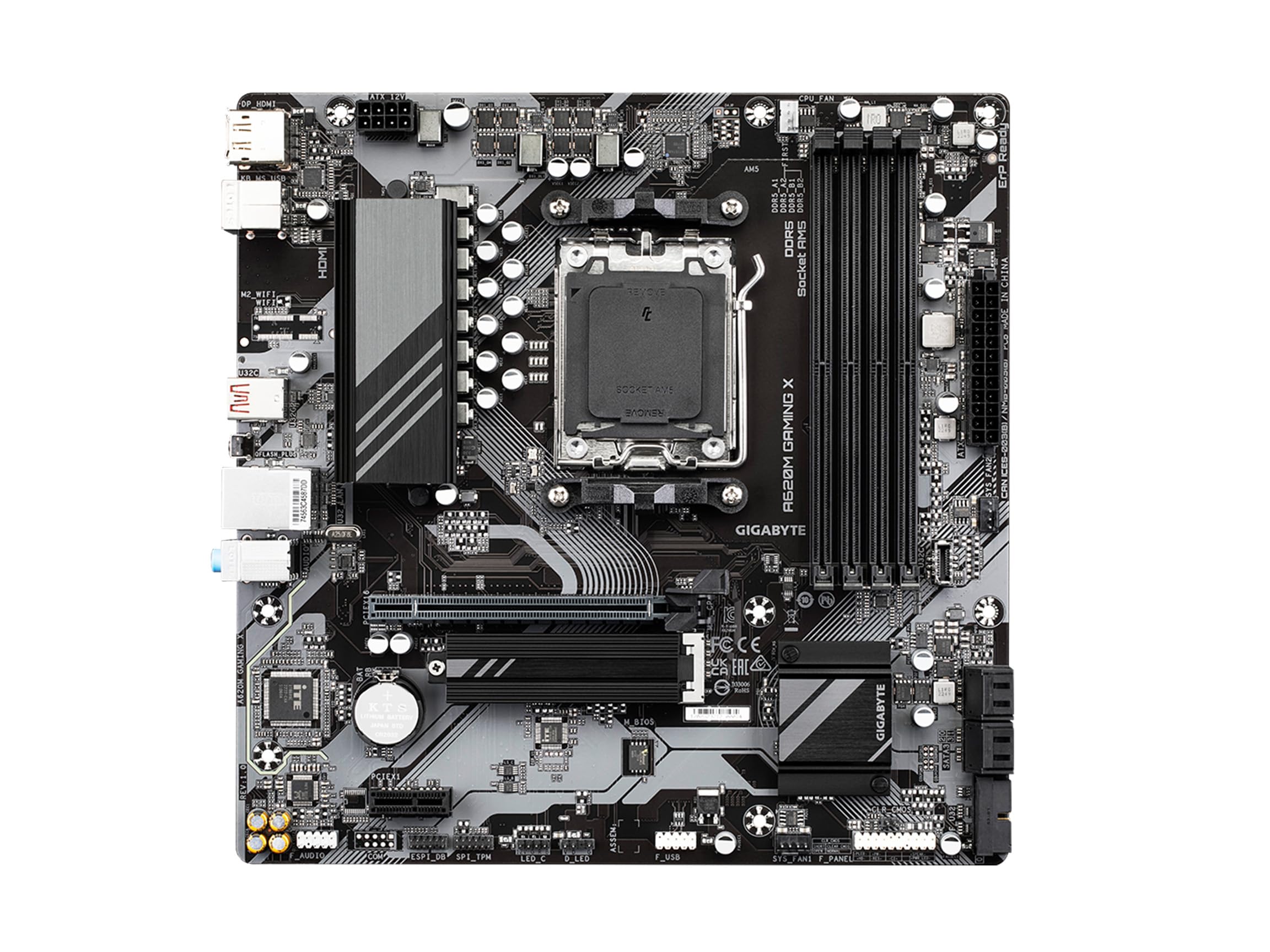 GIGABYTE A620M GAMING X (AM5/ LGA 1718/ AMD/ A620/ Micro ATX/ 5-Year Warranty/ DDR5/ PCIe 4.0 M.2/ PCIe 4.0/ USB 3.2 Gen1x2 Type-C/Realtek 1GbE LAN/Q-Flash Plus/PCIe EZ-Latch/Motherboard)