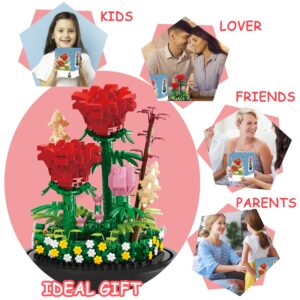 Flower Bouquets Building Sets, 596PCS Red Rose Flower Building Blocks with Dust Cover Forever Rose Home Decor, Birthday Gifts Valentines Day Gifts for Her Women Mom Girlfriend Wife (RED)