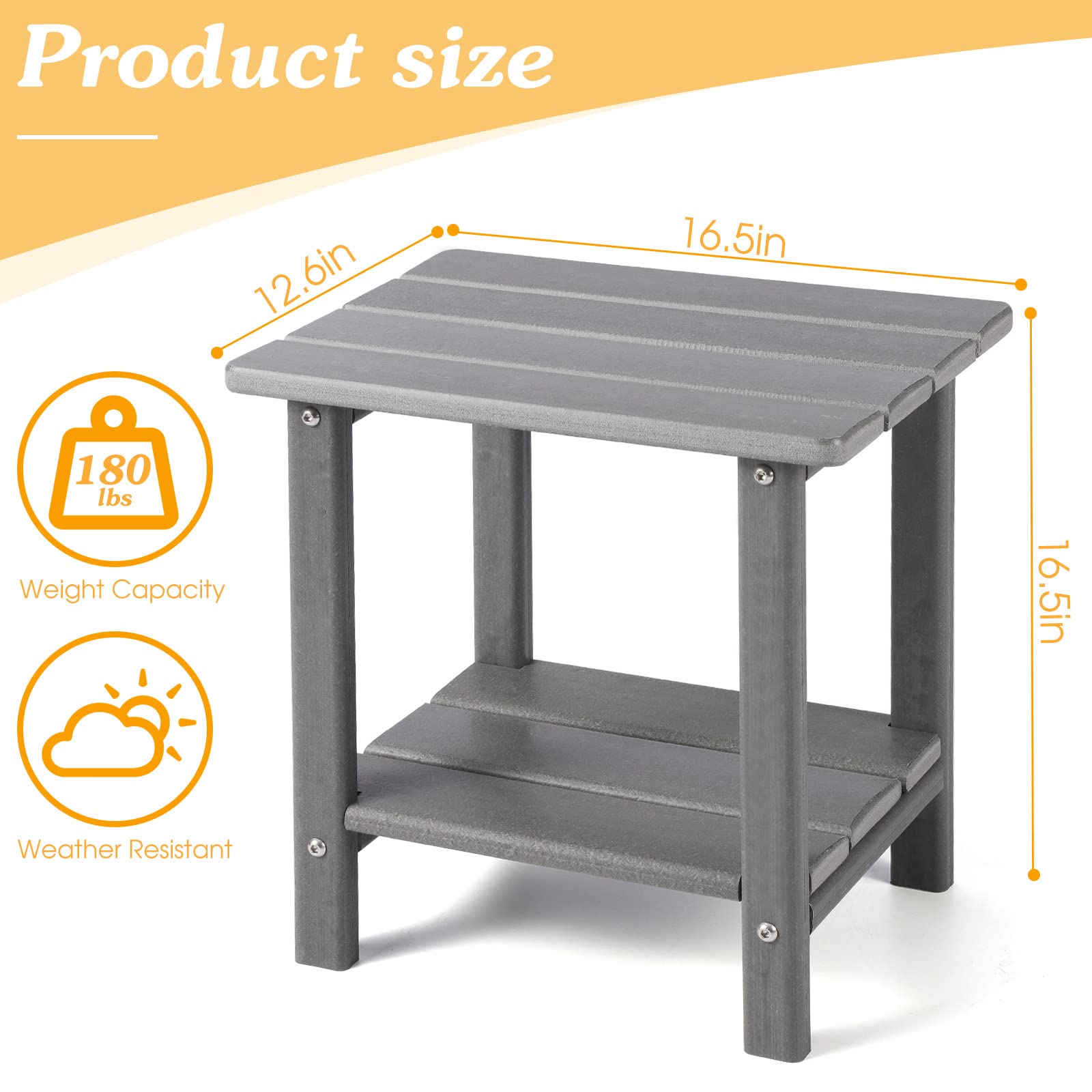 Apolimi Adirondack Outdoor Side Table, 2-Tier Sturdy Patio End Table Weather Resistant, 16.5" Solid Side Table for Patio, Pool, Porch (Grey)