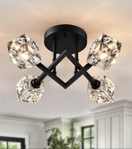 amzasa modern semi flush mount ceiling light, black dining room light fixtures,4-lights geometric crystal chandelier for bedroom entryway hallway porch laundry room