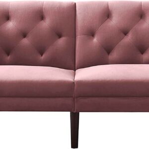 DNYN Convertible Sleeper Futon Sofa with 2 Pillows, Velvet Tufted Couch w/Metal Legs and Adjustable Backrest, for Apartment Office Small Space Living Room Furniture, Pink