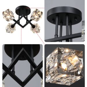 AMZASA Modern Semi Flush Mount Ceiling Light, Black Dining Room Light Fixtures,4-Lights Geometric Crystal Chandelier for Bedroom Entryway Hallway Porch Laundry Room