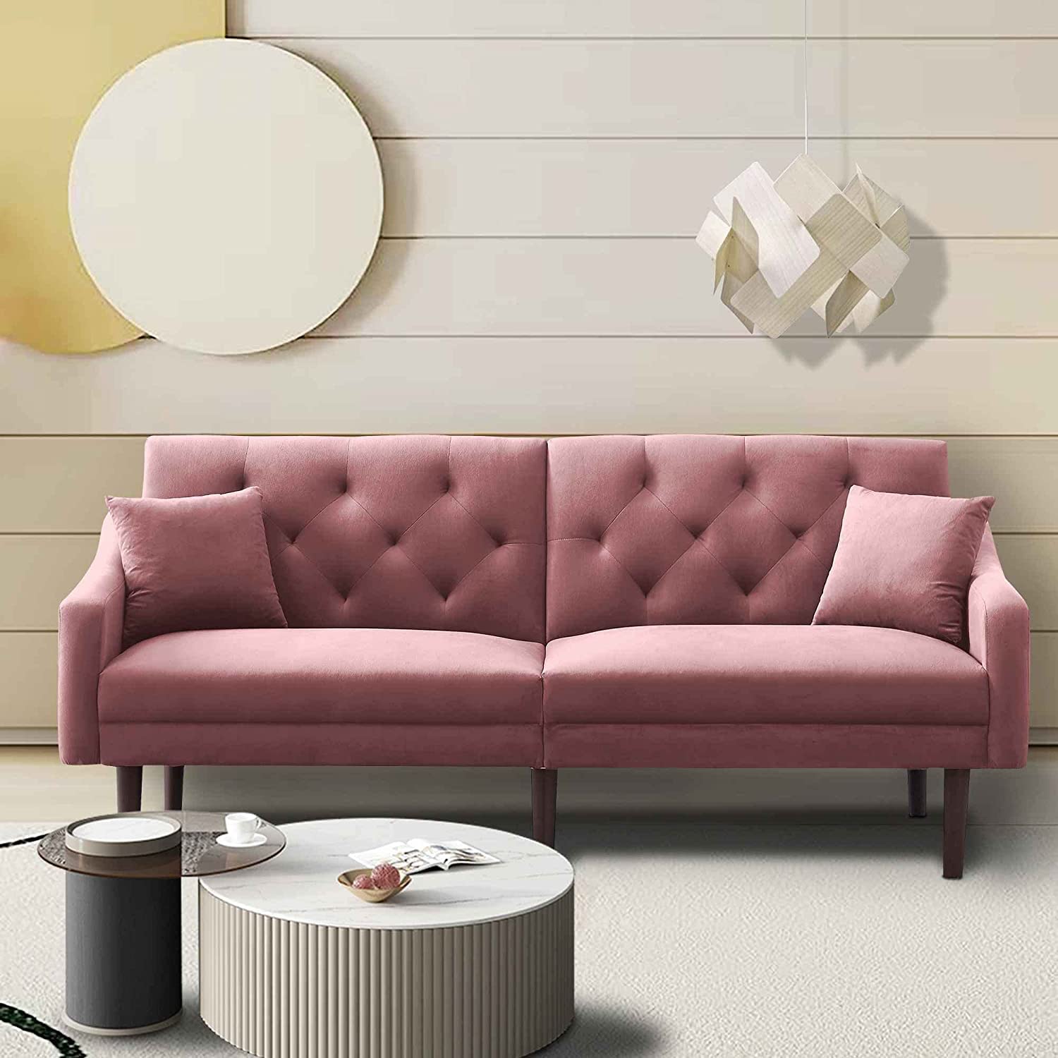 DNYN Convertible Sleeper Futon Sofa with 2 Pillows, Velvet Tufted Couch w/Metal Legs and Adjustable Backrest, for Apartment Office Small Space Living Room Furniture, Pink