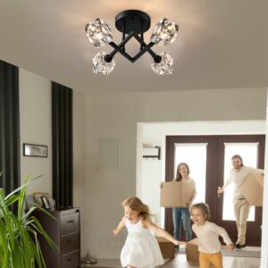 AMZASA Modern Semi Flush Mount Ceiling Light, Black Dining Room Light Fixtures,4-Lights Geometric Crystal Chandelier for Bedroom Entryway Hallway Porch Laundry Room