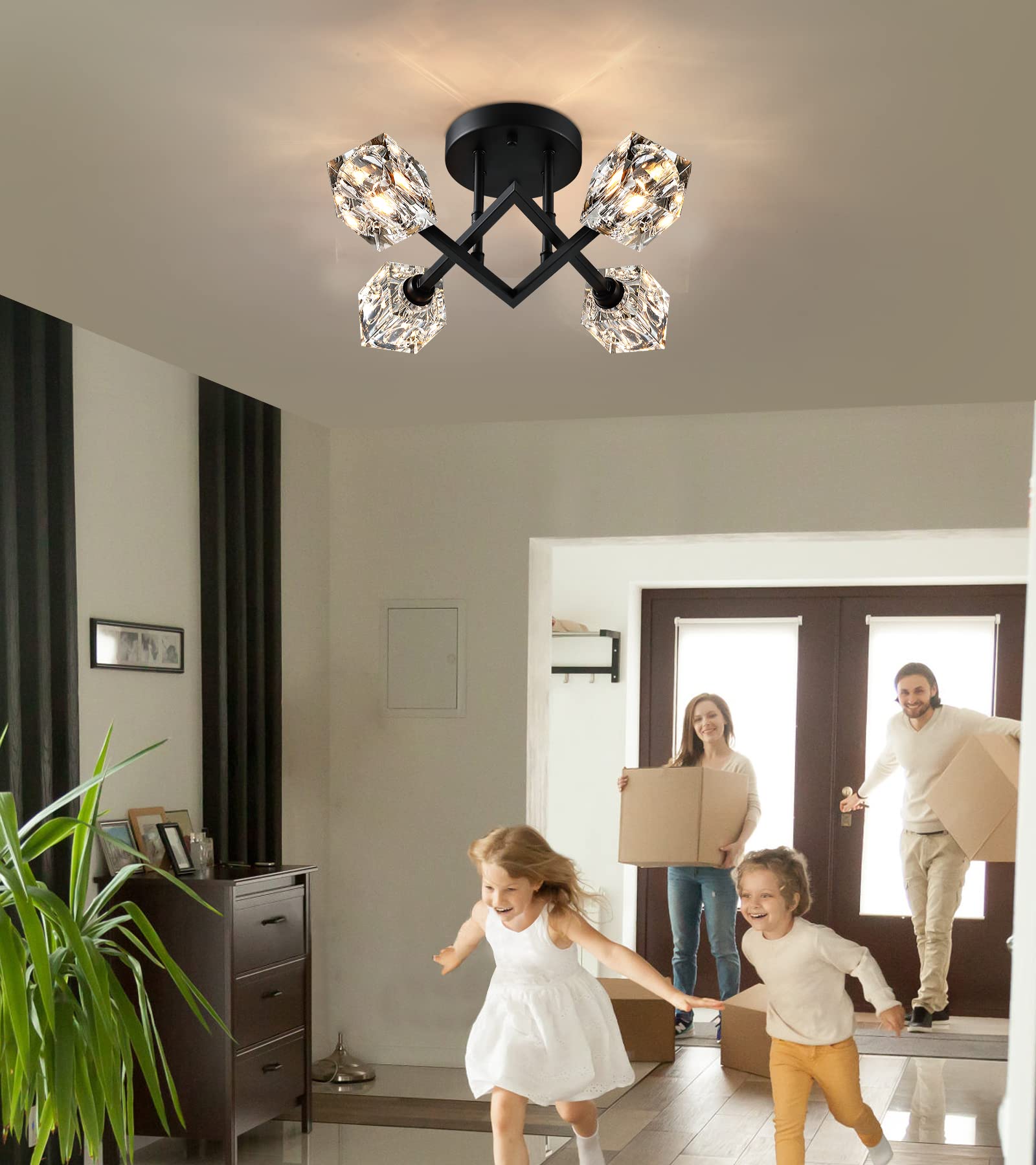 AMZASA Modern Semi Flush Mount Ceiling Light, Black Dining Room Light Fixtures,4-Lights Geometric Crystal Chandelier for Bedroom Entryway Hallway Porch Laundry Room