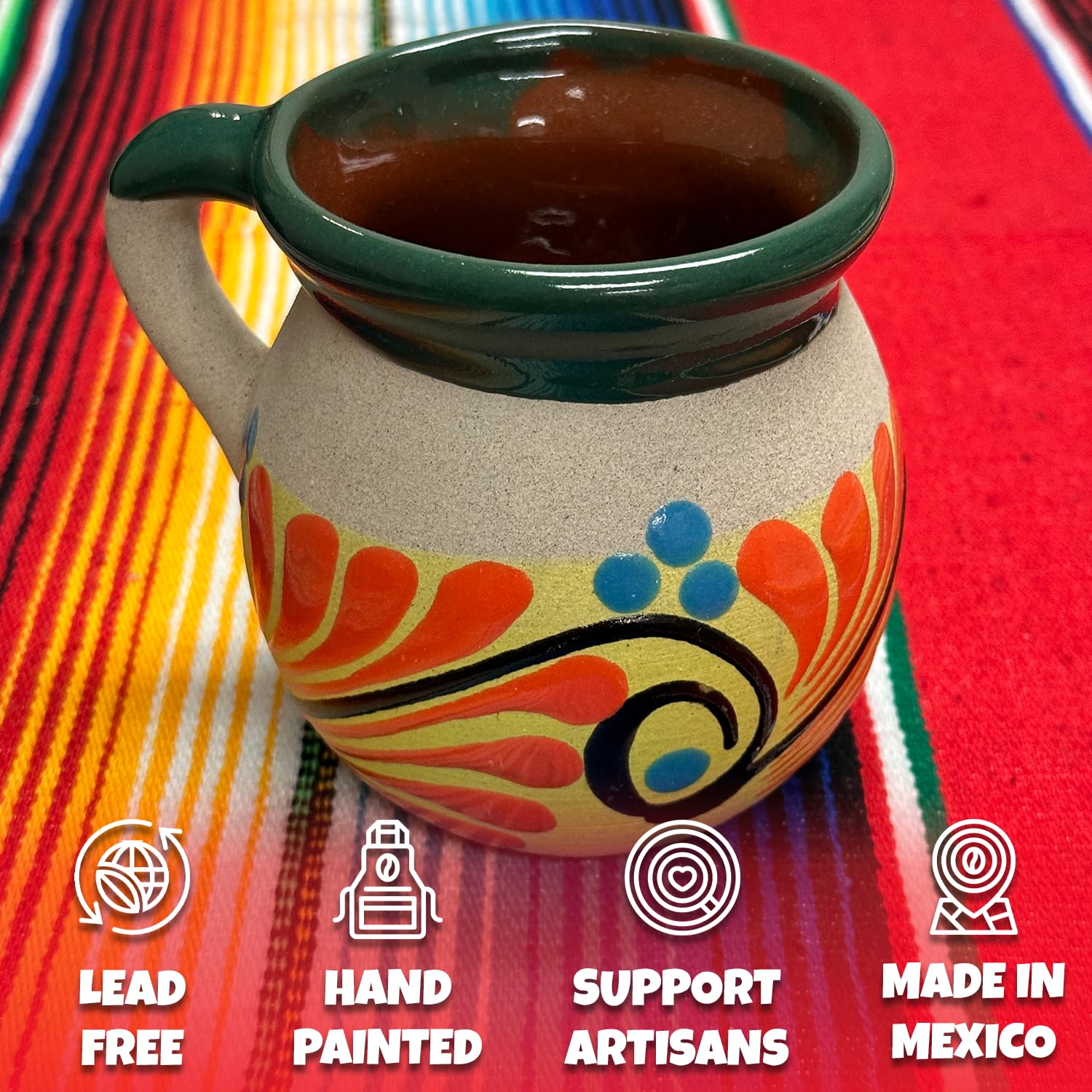 FFX Artesania Mexican Terracotta Coffee Mugs 1 PACK Clay Cups Tazas Para Cafe de Barro Artisan Made EACH MUG UNIQUE Hand Painted Terracotta Cocktail Glasses Tea Decor