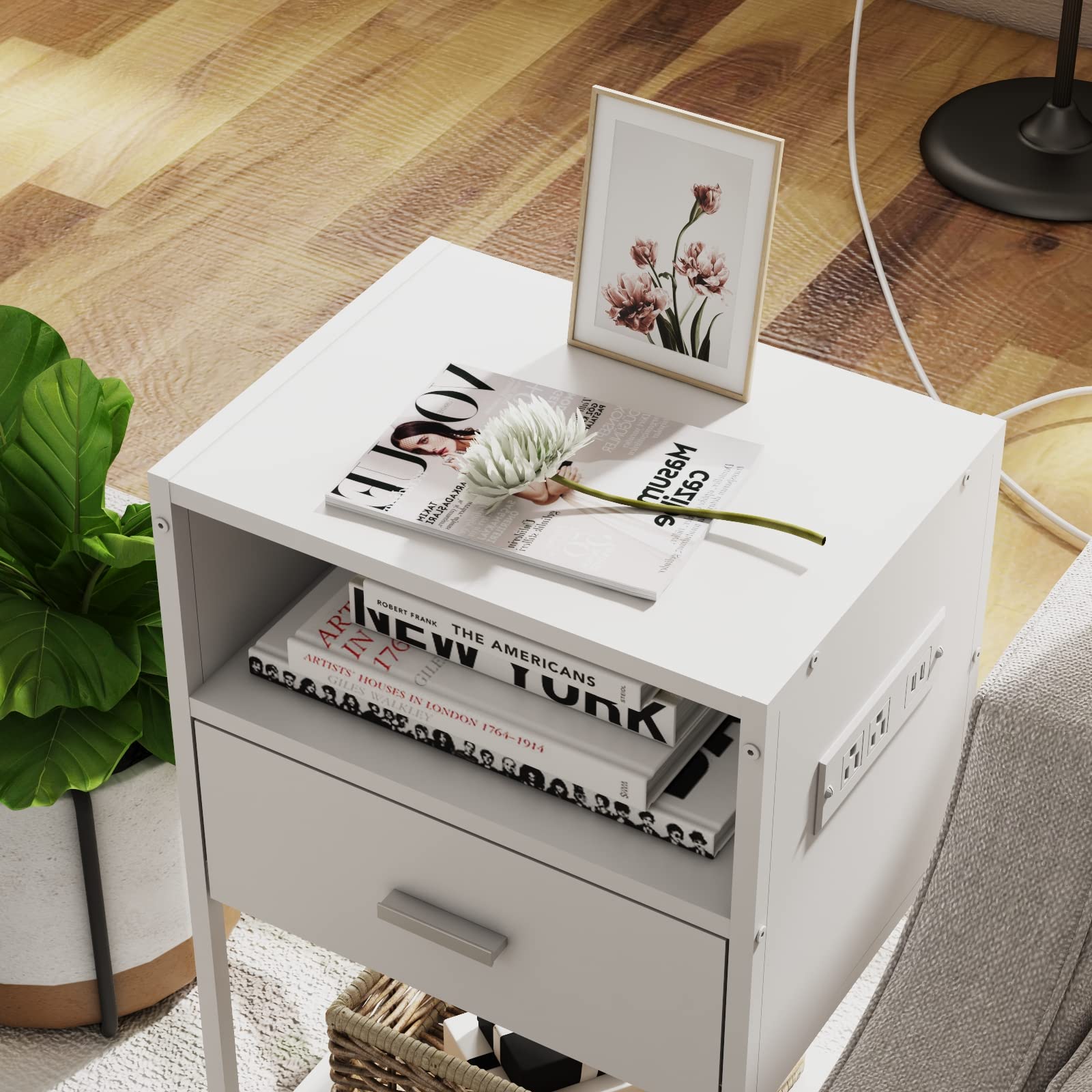 LDTTCUK Nightstand with Charging Station, Modern End Table with Drawer, White Bedside Table with Open Storage for Bedroom